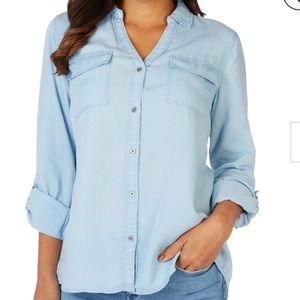 Womens Solid Tencel Button Down Pocket Long Sleeve